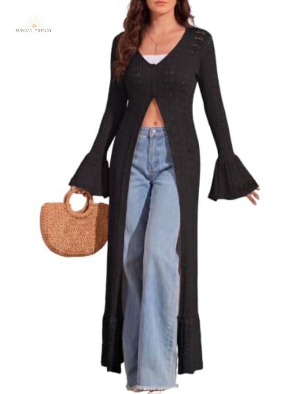 Lightweight Crochet Cardigan Duster Bell Sleeve Ruffle Hem Maxi